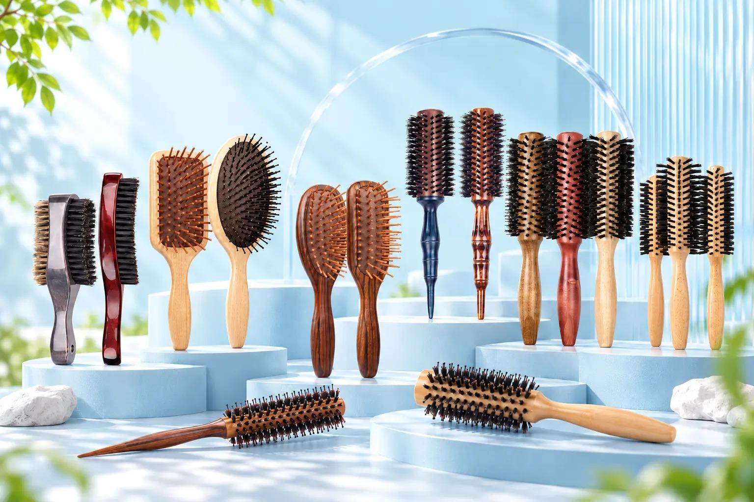 Round and paddle hair brushes arranged on sculptural stands against a deep blue background